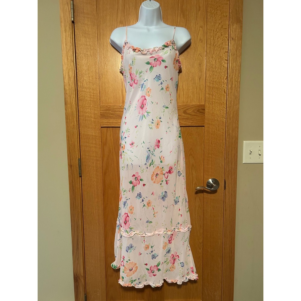 Vintage 90s Y2K Victoria's Secret Pink Floral Chiffon Maxi Dress Nightgown Sz M